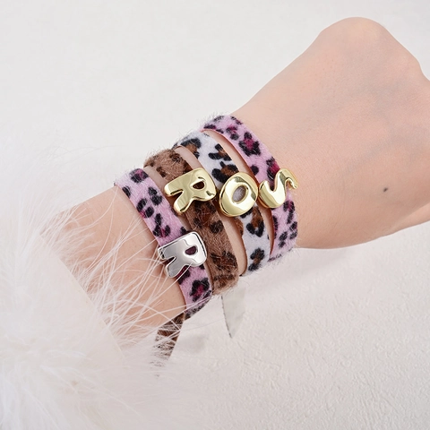 Leopard Print Velvet Copper Bracelet For Women Fashion Individual Alphabet Letter Metal Charm Adjustable Hand Rope Jewelry
