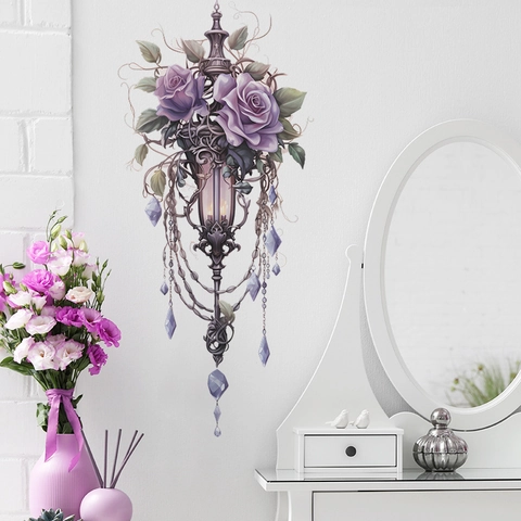 Adesivo da Parete Lampione Rose Viola Gotico Vintage PVC Autoadesivo Rimovibile Vite Floreale Ciondolo Cristallo Decalcomania Casa