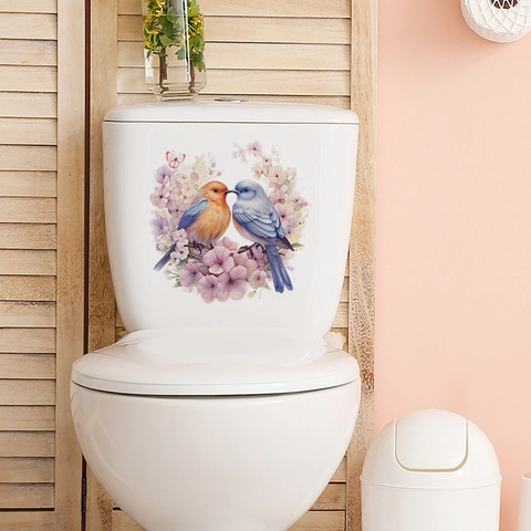 Adesivo per Toilette Romantico con Fiori e Uccelli in Acquerello PVC Impermeabile Autoadesivo Adesivi da Parete Decorativi per Bagno Casa