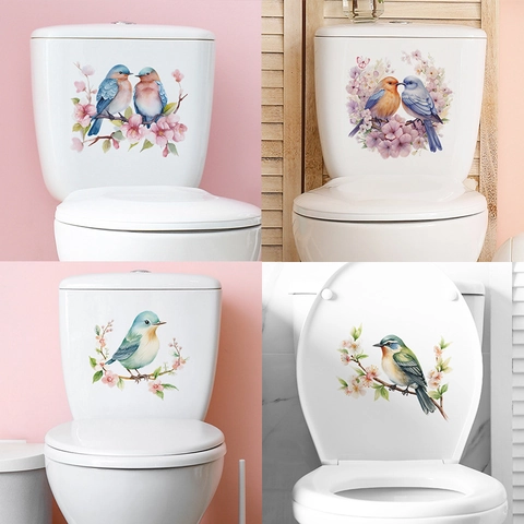 Adesivo per Toilette Romantico con Fiori e Uccelli in Acquerello PVC Impermeabile Autoadesivo Adesivi da Parete Decorativi per Bagno Casa