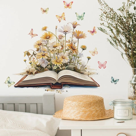 Romantisch Aquarell Blumen Buch Schmetterling Wandsticker Abnehmbar PVC Selbstklebend Ästhetisch Home Dekor Für Schlafzimmer Wohnzimmer