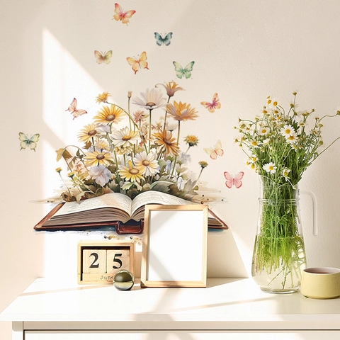 Romantisch Aquarell Blumen Buch Schmetterling Wandsticker Abnehmbar PVC Selbstklebend Ästhetisch Home Dekor Für Schlafzimmer Wohnzimmer
