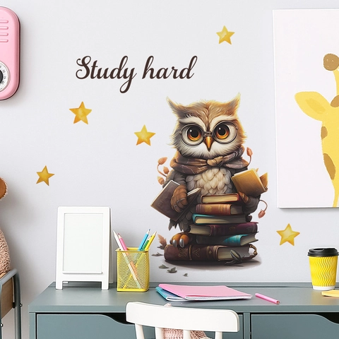 Cartoon Owl Reading Books Wall Sticker Motivational Study Hard Decal For Kids Room Bedroom Home Decor PVC Self Adhesive