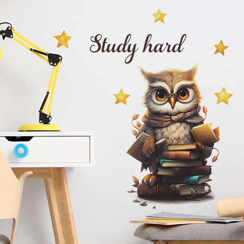 Cartoon Owl Reading Books Wall Sticker Motivational Study Hard Decal For Kids Room Bedroom Home Decor PVC Self Adhesive