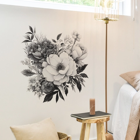 Adesivo da Parete Floreale Peonia Monocromatico Removibile PVC Autoadesivo Schizzo Fiore Arte Decalcomania per Camera Letto Soggiorno Casa