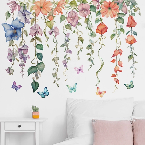 Adesivi Murali a Forma di Fiore e Farfalla ad Acquerello in PVC Rimovibili Decalcomanie da Parete per Camera da Letto Soggiorno