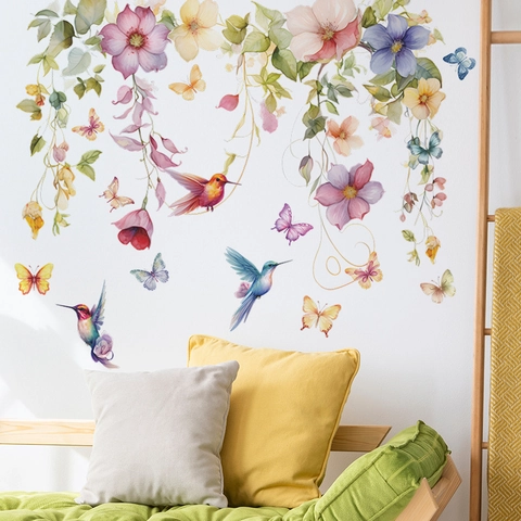 Adesivi Murali Acquerello Fiori Colibrì Farfalla PVC Rimovibili Decalcomanie da Parete Floreali per Camera da Letto Soggiorno Casa