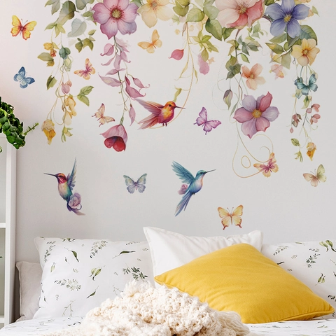 Adesivi Murali Acquerello Fiori Colibrì Farfalla PVC Rimovibili Decalcomanie da Parete Floreali per Camera da Letto Soggiorno Casa
