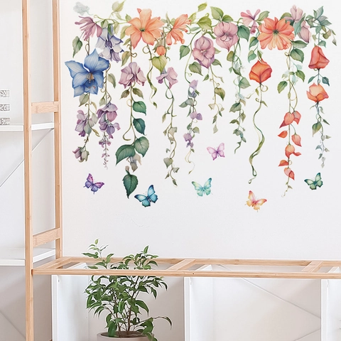 Adesivi Murali a Forma di Fiore e Farfalla ad Acquerello in PVC Rimovibili Decalcomanie da Parete per Camera da Letto Soggiorno