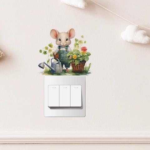 Lindo Ratón de Dibujos Animados Regando Flores Pegatina de Pared de PVC Extraíble Decorativa para Interruptor Habitación