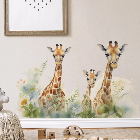 Watercolor Cute Giraffe Family Wall Stickers Removable PVC Animal DIY Wall Decals For Kids Room Nursery Bedroom Home Decor