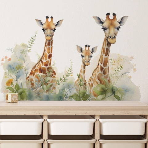 Watercolor Cute Giraffe Family Wall Stickers Removable PVC Animal DIY Wall Decals For Kids Room Nursery Bedroom Home Decor