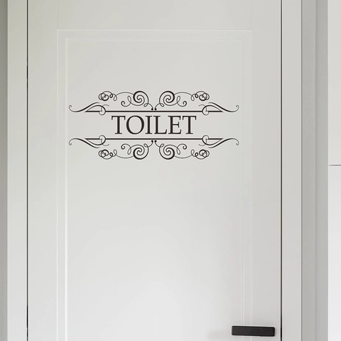 Sticker Mural Panneau Toilettes Amovible en PVC Décalcomanie de Porte Avec Motif de Volutes Européennes pour Maison Noir