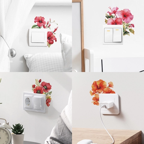 Tropische Blumen Lichtschalter Wandsticker PVC Aquarell Hibiskus Mohn Aufkleber Für Schlafzimmer Kinderzimmer