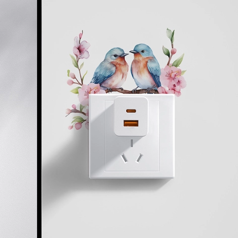 Adesivi Murali in PVC Removibili con Uccelli e Fiori ad Acquerello Decalcomania Decorativa per Interruttore Luce Casa