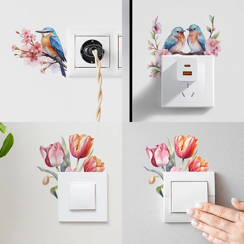 Adesivi Murali in PVC Removibili con Uccelli e Fiori ad Acquerello Decalcomania Decorativa per Interruttore Luce Casa