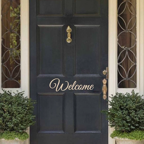 Adesivo da Parete Welcome in PVC Autoadesivo Oro Corsivo Decalcomania per Porta Camera da Letto Soggiorno Decorazione Casa