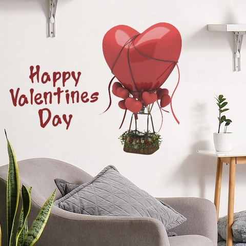 Valentine Wandaufkleber Herz Heißluftballon Happy Valentines Day Romantisch PVC Abnehmbares Dekor Für Schlafzimmer Zuhause