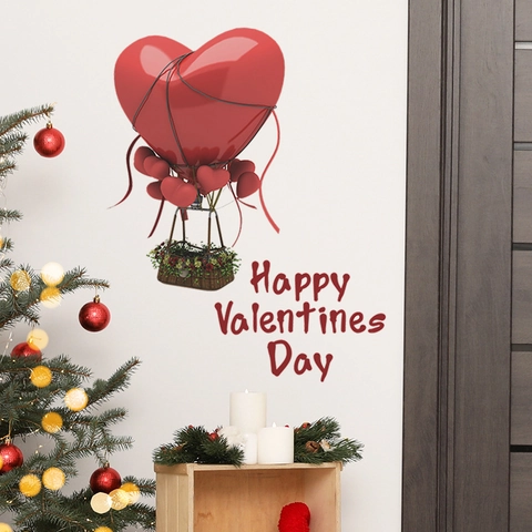 Valentine Wandaufkleber Herz Heißluftballon Happy Valentines Day Romantisch PVC Abnehmbares Dekor Für Schlafzimmer Zuhause