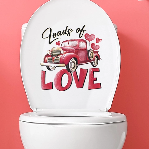 Adesivo per Gabinetto di San Valentino PVC Camion Rosso Vintage Loads Of Love Cuore Adesivo Murale Rimovibile Bagno Casa