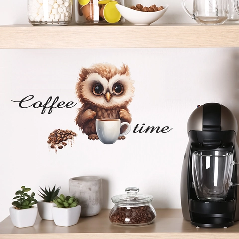 Adesivo da Parete Gufo Cartone Animato Coffee Time PVC Rimovibile Autoadesivo per Cucina Caffè Studio Casa Decorativo Arte Murale