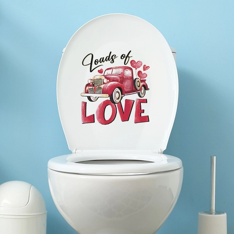 Adesivo per Gabinetto di San Valentino PVC Camion Rosso Vintage Loads Of Love Cuore Adesivo Murale Rimovibile Bagno Casa