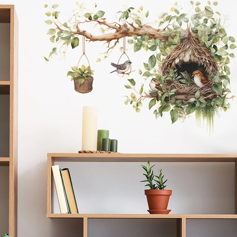 Cartoon Tree Branch Bird Nest Green Leaves Wall Stickers For Kids Bedroom Nursery Decor Waterproof Removable PVC Wall Decals