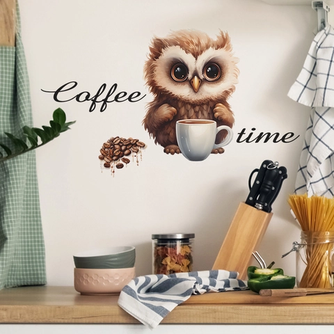 Adesivo da Parete Gufo Cartone Animato Coffee Time PVC Rimovibile Autoadesivo per Cucina Caffè Studio Casa Decorativo Arte Murale