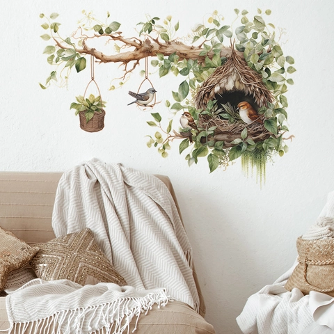Cartoon Tree Branch Bird Nest Green Leaves Wall Stickers For Kids Bedroom Nursery Decor Waterproof Removable PVC Wall Decals