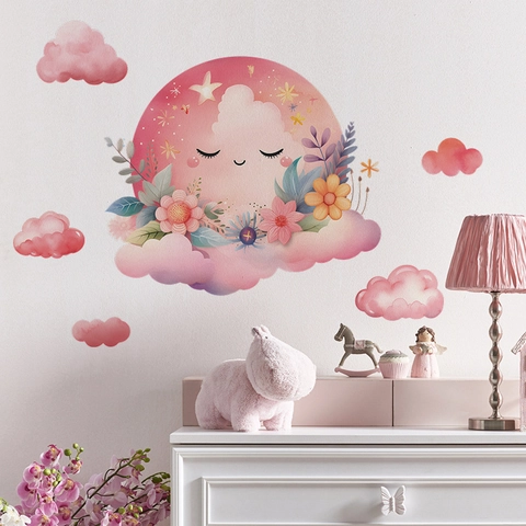Watercolor Cartoon Moon Cloud Flower Wall Stickers For Kids Nursery Bedroom Decor PVC Removable Self-Adhesive Wall Decals