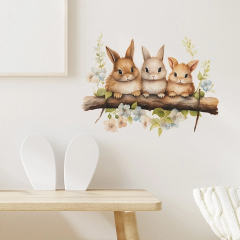 Adesivo da Parete Con Conigli ad Acquerello Simpatici Animali Cartoni Animati Fiori Ramo Decalcomania per Cameretta Bambini Casa