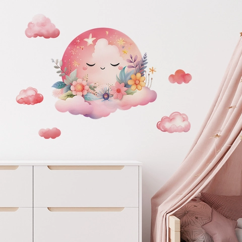 Watercolor Cartoon Moon Cloud Flower Wall Stickers For Kids Nursery Bedroom Decor PVC Removable Self-Adhesive Wall Decals