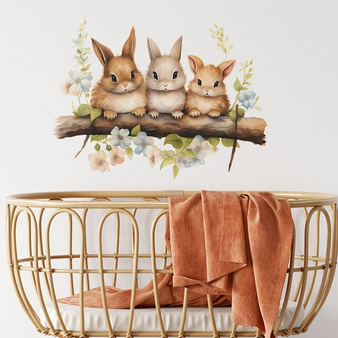 Adesivo da Parete Con Conigli ad Acquerello Simpatici Animali Cartoni Animati Fiori Ramo Decalcomania per Cameretta Bambini Casa