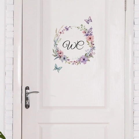 Floral Butterfly WC Bathroom Door Sticker PVC Waterproof Self Adhesive Toilet Wall Decal Art Home Decor