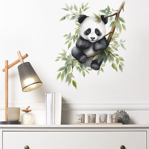Cute Watercolor Panda On Branch Wall Sticker PVC Self Adhesive Decal For Kids Room Nursery Bedroom Home Decor