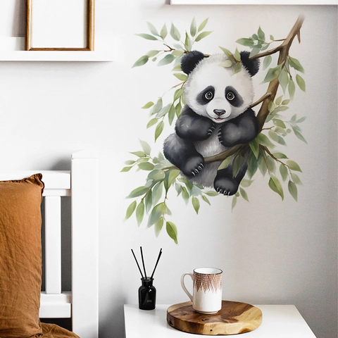 Cute Watercolor Panda On Branch Wall Sticker PVC Self Adhesive Decal For Kids Room Nursery Bedroom Home Decor