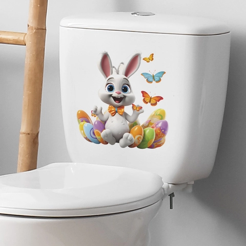 Easter Cartoon Bunny Colorful Eggs Butterfly Toilet Sticker Waterproof PVC Removable Wall Sticker Festive Home Decoration