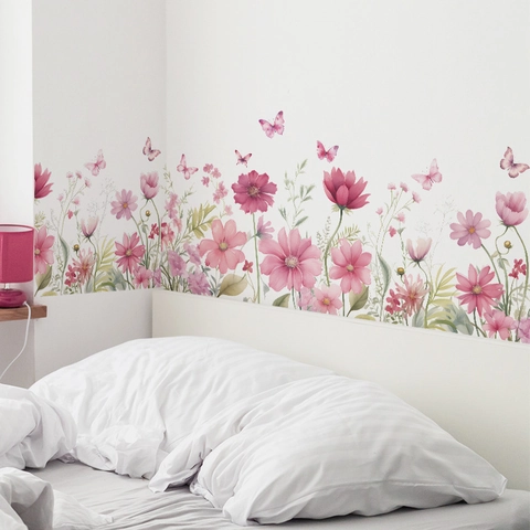 Aquarell Rosa Blume Schmetterling Wandsticker PVC Selbstklebend Abnehmbar Wandbild Für Wohnzimmer Schlafzimmer Deko