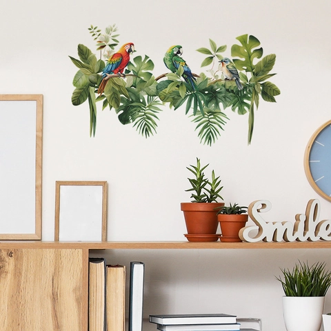 Adesivo da Parete con Pappagallo Tropicale e Foglie di Monstera Decalcomania in PVC Autoadesiva per Camera dei Bambini