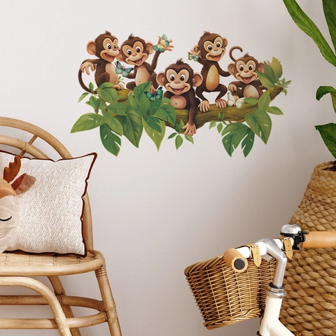 Cartoon Dschungel Affe Baumzweig Wandaufkleber Für Kinderzimmer Schlafzimmer PVC Abnehmbar Selbstklebend DIY Tier Wandtattoo Home Deko