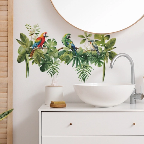 Adesivo da Parete con Pappagallo Tropicale e Foglie di Monstera Decalcomania in PVC Autoadesiva per Camera dei Bambini