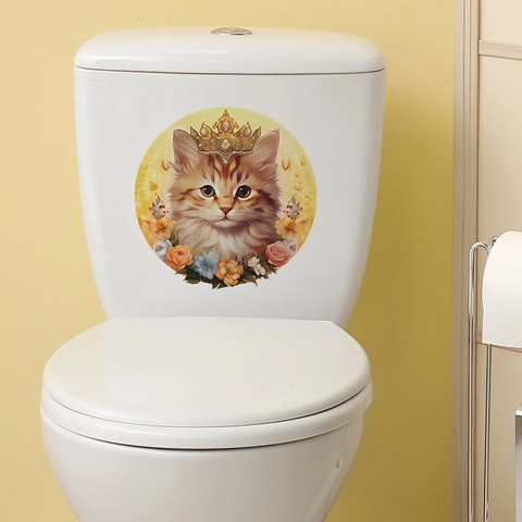 Lindo Gato de Dibujos Animados Con Corona Dorada y Flores Pegatina de Inodoro PVC Impermeable Calcomanía de Pared Para Baño