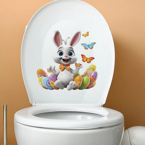 Easter Cartoon Bunny Colorful Eggs Butterfly Toilet Sticker Waterproof PVC Removable Wall Sticker Festive Home Decoration