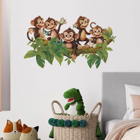 Cartoon Dschungel Affe Baumzweig Wandaufkleber Für Kinderzimmer Schlafzimmer PVC Abnehmbar Selbstklebend DIY Tier Wandtattoo Home Deko