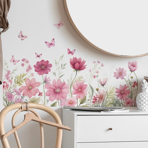 Aquarell Rosa Blume Schmetterling Wandsticker PVC Selbstklebend Abnehmbar Wandbild Für Wohnzimmer Schlafzimmer Deko