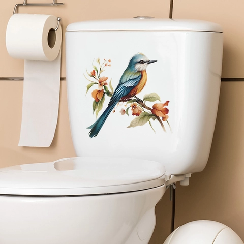 Bunter Vogel Und Blumenzweig Toilettenaufkleber PVC Wasserdicht Abnehmbar Wandtattoo Für Badezimmer Home Decor Wandbild