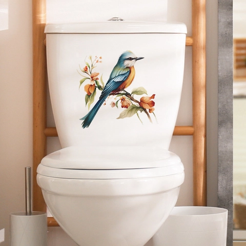 Bunter Vogel Und Blumenzweig Toilettenaufkleber PVC Wasserdicht Abnehmbar Wandtattoo Für Badezimmer Home Decor Wandbild
