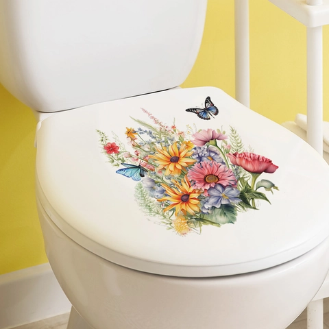 Romantische Blumen Schmetterling Toilettenaufkleber Wasserdicht PVC Aufkleber Für Badezimmer Deckel Dekor Wandkunst Abnehmbar Selbstklebend