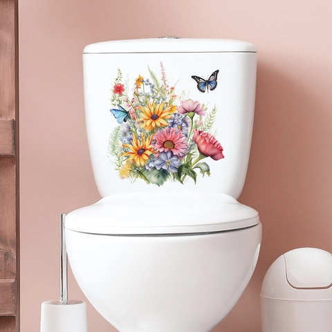 Romantische Blumen Schmetterling Toilettenaufkleber Wasserdicht PVC Aufkleber Für Badezimmer Deckel Dekor Wandkunst Abnehmbar Selbstklebend