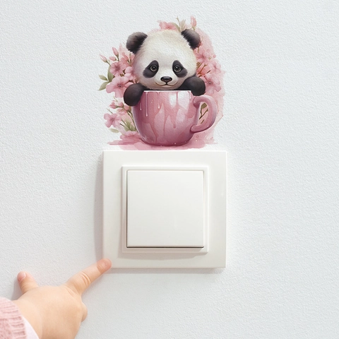 Adesivo da Parete Panda Cartone Animato in Tazza Rosa Adesivo per Interruttore Rimovibile per Soggiorno Camera da Letto